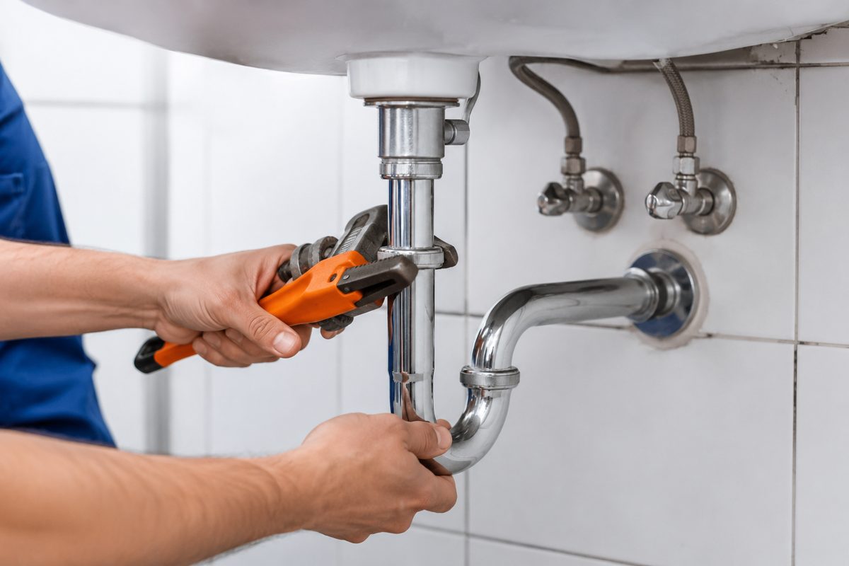 Canalizador a reparar a canalização de um lavatório na Maia