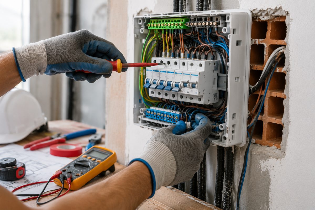 Eletricista a trabalhar num quadro elétrico na Maia